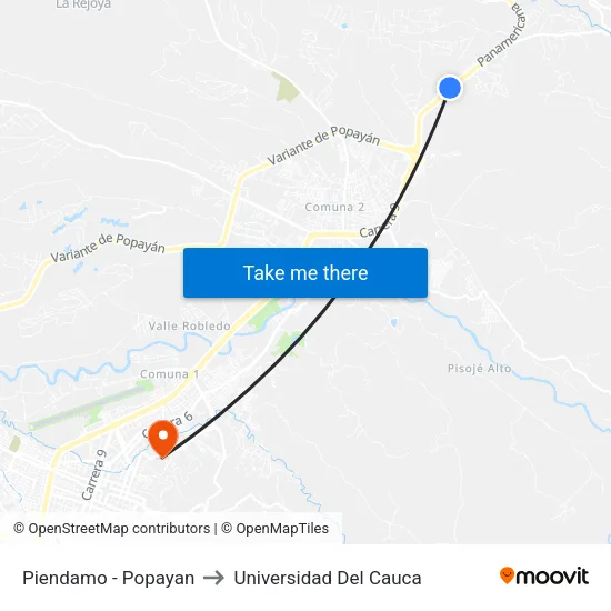 Piendamo - Popayan to Universidad Del Cauca map