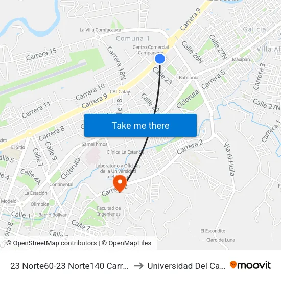 23 Norte60-23 Norte140 Carrera 9 to Universidad Del Cauca map