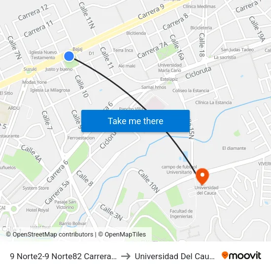 9 Norte2-9 Norte82 Carrera 9 to Universidad Del Cauca map
