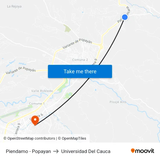 Piendamo - Popayan to Universidad Del Cauca map