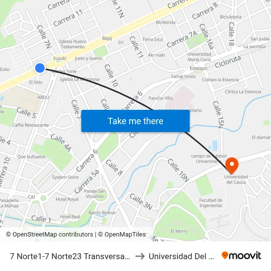 7 Norte1-7 Norte23 Transversal 9 Norte to Universidad Del Cauca map