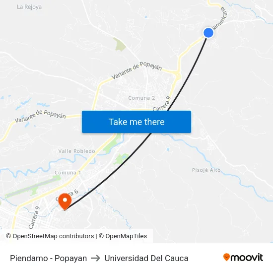 Piendamo - Popayan to Universidad Del Cauca map