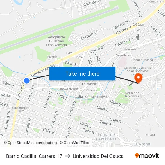 Barrio Cadillal Carrera 17 to Universidad Del Cauca map