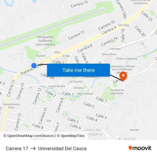 Carrera 17 to Universidad Del Cauca map