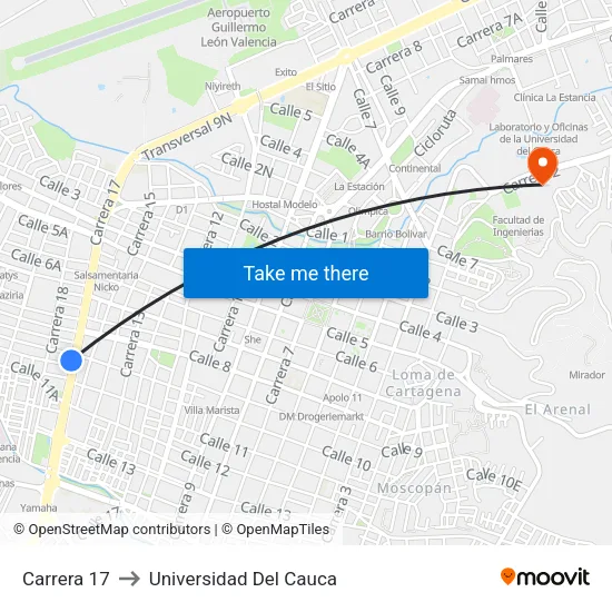 Carrera 17 to Universidad Del Cauca map