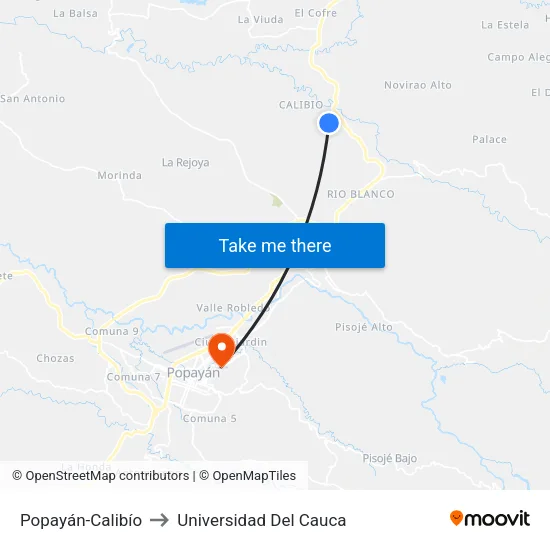 Popayán-Calibío to Universidad Del Cauca map