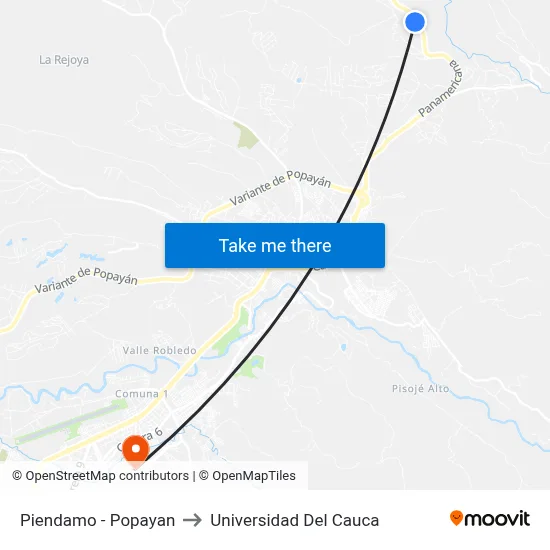 Piendamo - Popayan to Universidad Del Cauca map