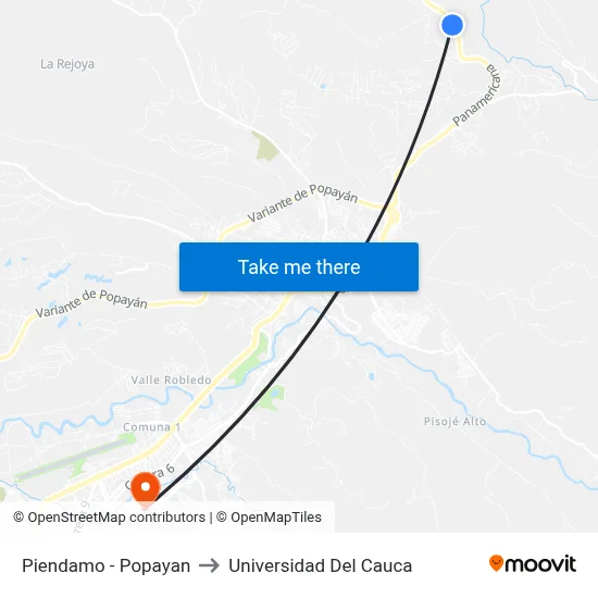 Piendamo - Popayan to Universidad Del Cauca map
