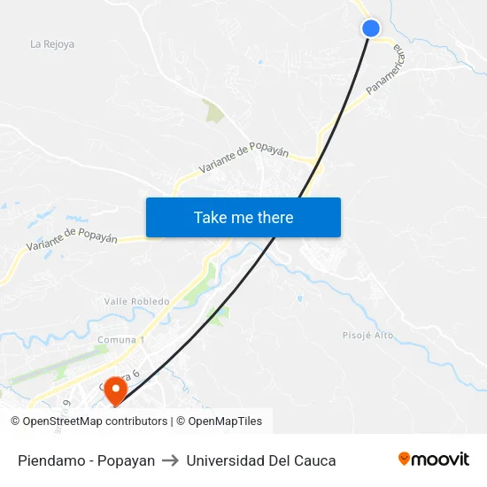 Piendamo - Popayan to Universidad Del Cauca map