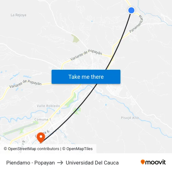 Piendamo - Popayan to Universidad Del Cauca map