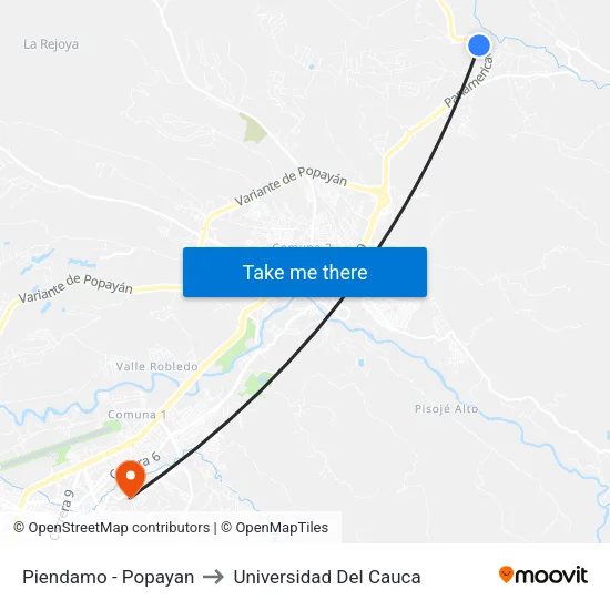 Piendamo - Popayan to Universidad Del Cauca map