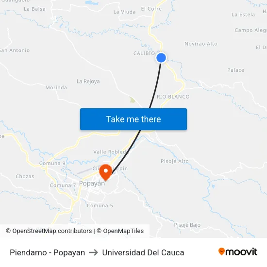 Piendamo - Popayan to Universidad Del Cauca map