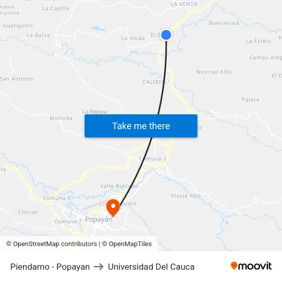 Piendamo - Popayan to Universidad Del Cauca map
