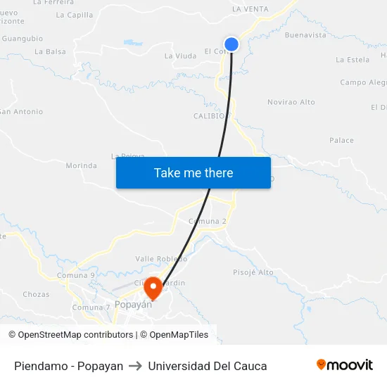 Piendamo - Popayan to Universidad Del Cauca map