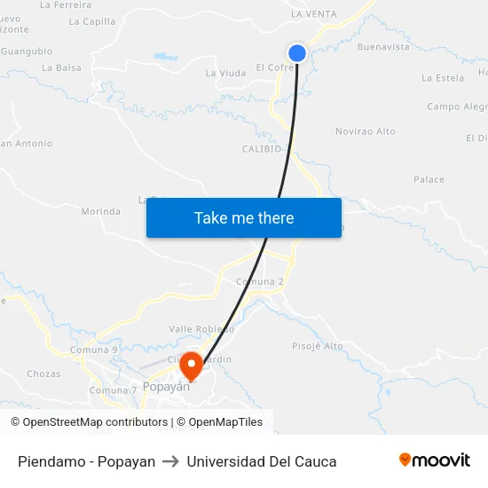 Piendamo - Popayan to Universidad Del Cauca map