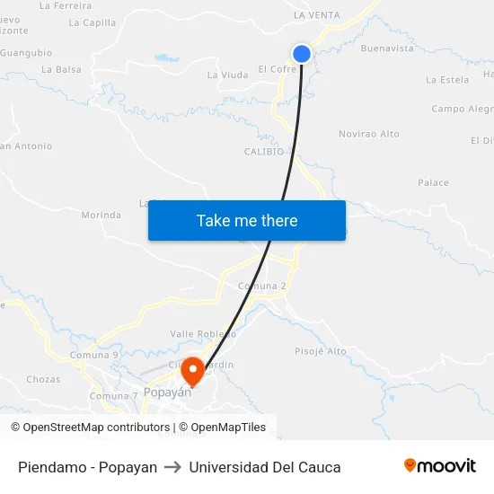 Piendamo - Popayan to Universidad Del Cauca map
