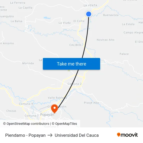 Piendamo - Popayan to Universidad Del Cauca map