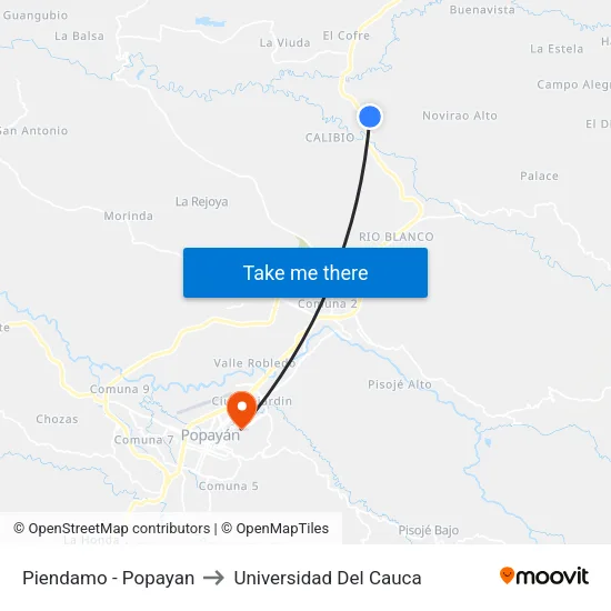 Piendamo - Popayan to Universidad Del Cauca map