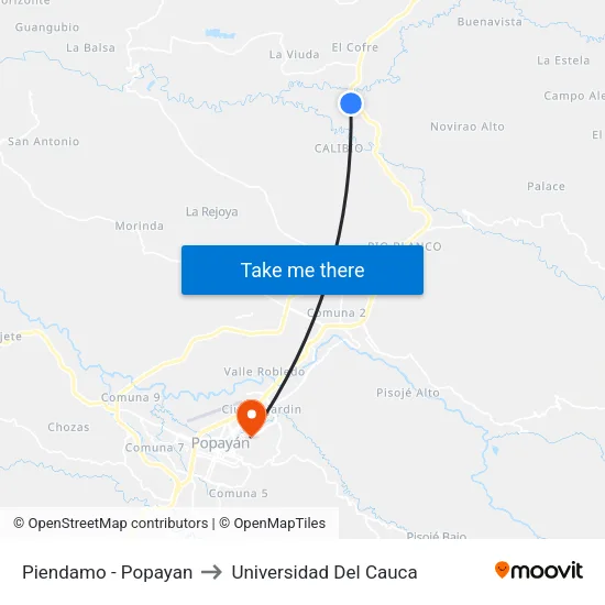 Piendamo - Popayan to Universidad Del Cauca map