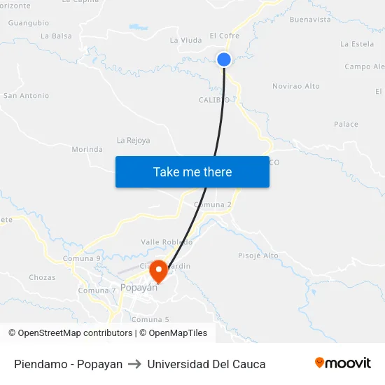Piendamo - Popayan to Universidad Del Cauca map