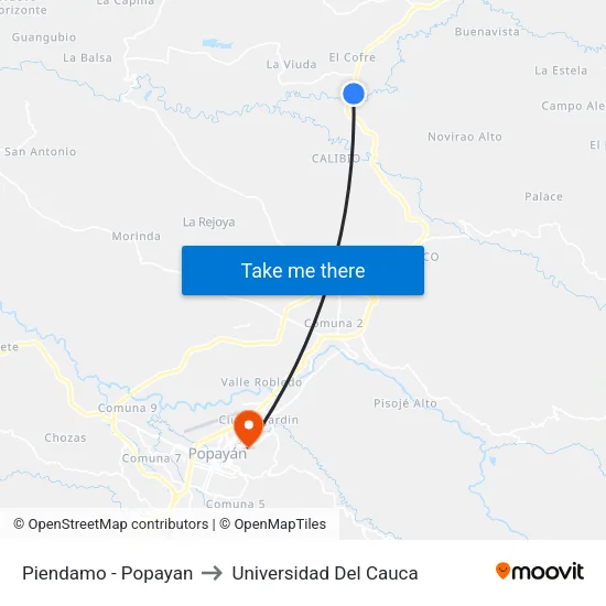 Piendamo - Popayan to Universidad Del Cauca map