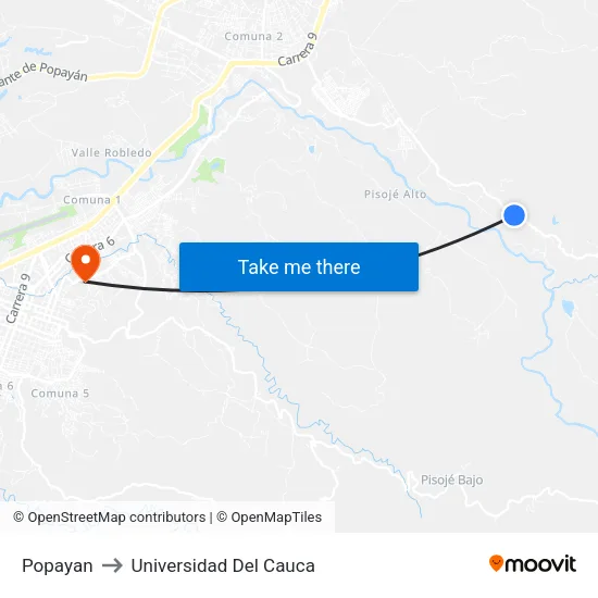 Popayan to Universidad Del Cauca map