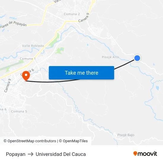 Popayan to Universidad Del Cauca map