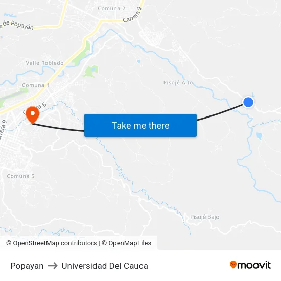 Popayan to Universidad Del Cauca map