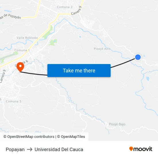 Popayan to Universidad Del Cauca map