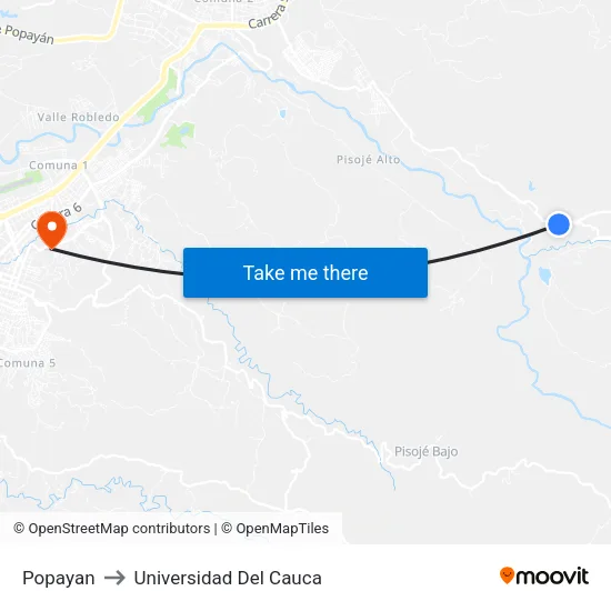 Popayan to Universidad Del Cauca map