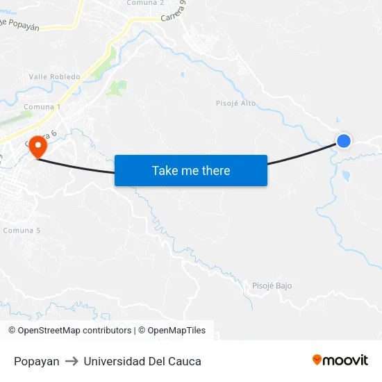 Popayan to Universidad Del Cauca map