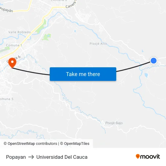 Popayan to Universidad Del Cauca map