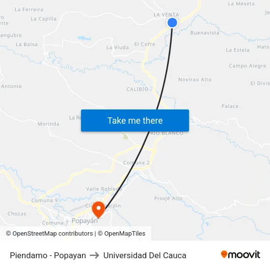 Piendamo - Popayan to Universidad Del Cauca map