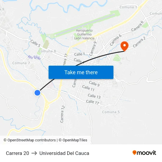 Carrera 20 to Universidad Del Cauca map