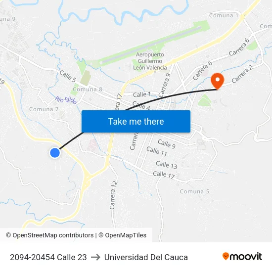 2094-20454 Calle 23 to Universidad Del Cauca map