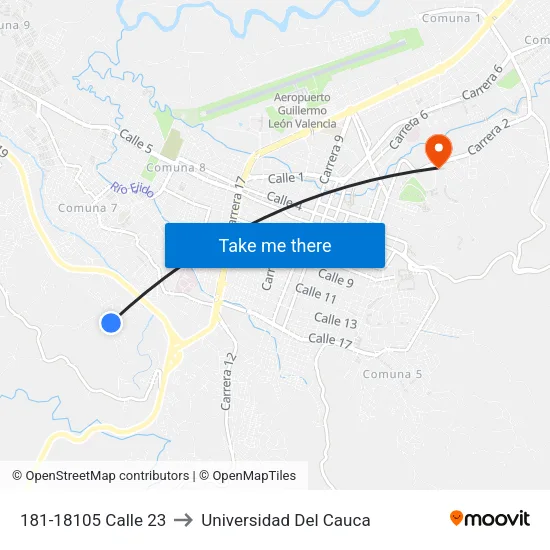 181-18105 Calle 23 to Universidad Del Cauca map