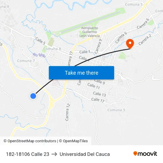 182-18106 Calle 23 to Universidad Del Cauca map