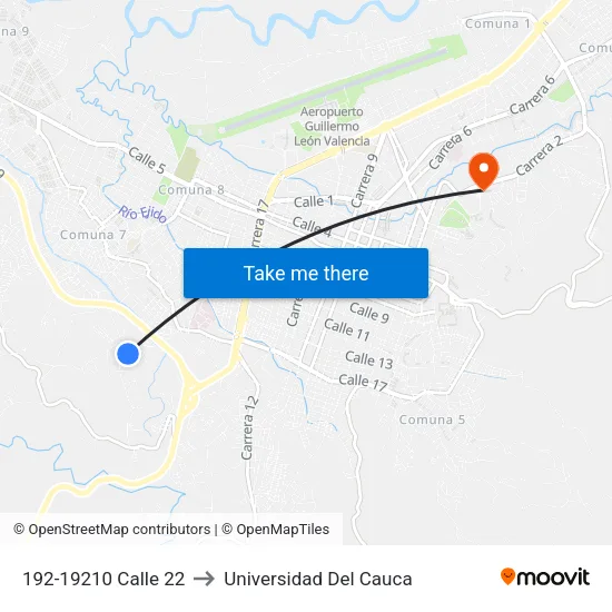 192-19210 Calle 22 to Universidad Del Cauca map