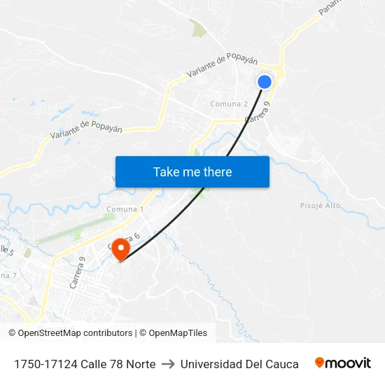 1750-17124 Calle 78 Norte to Universidad Del Cauca map