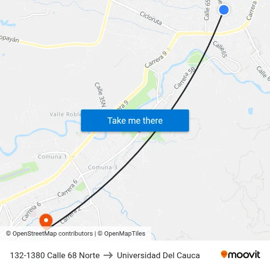132-1380 Calle 68 Norte to Universidad Del Cauca map