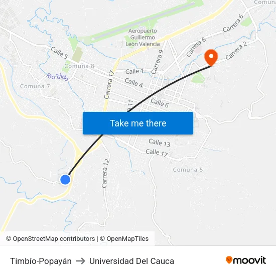 Timbío-Popayán to Universidad Del Cauca map