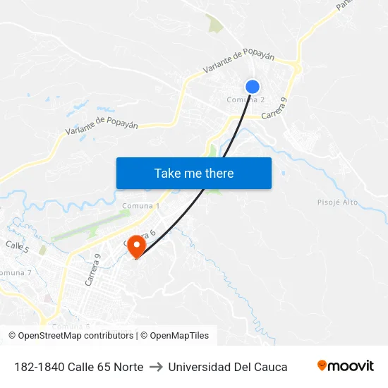 182-1840 Calle 65 Norte to Universidad Del Cauca map