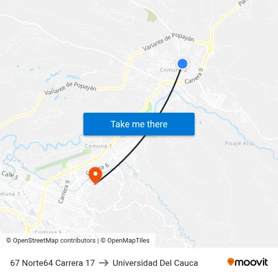 67 Norte64 Carrera 17 to Universidad Del Cauca map