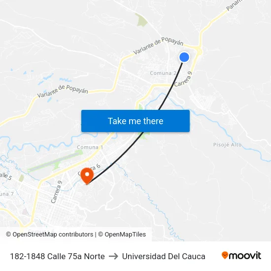 182-1848 Calle 75a Norte to Universidad Del Cauca map
