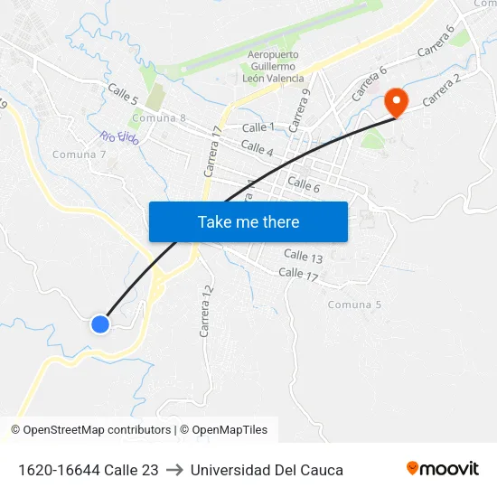 1620-16644 Calle 23 to Universidad Del Cauca map