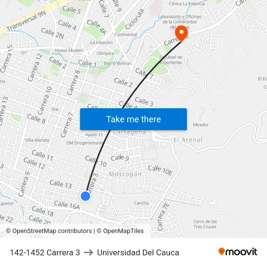142-1452 Carrera 3 to Universidad Del Cauca map
