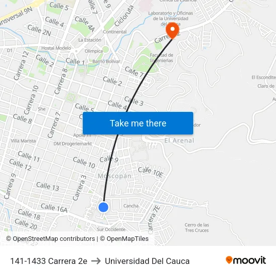 141-1433 Carrera 2e to Universidad Del Cauca map