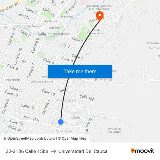 32-3136 Calle 15be to Universidad Del Cauca map