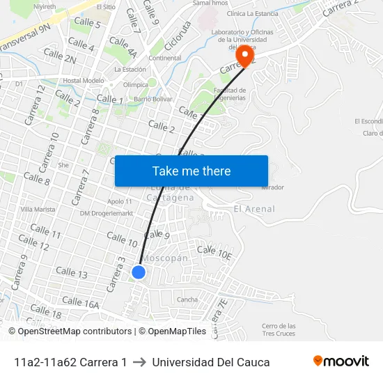 11a2-11a62 Carrera 1 to Universidad Del Cauca map