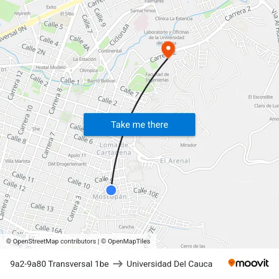 9a2-9a80 Transversal 1be to Universidad Del Cauca map